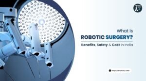 Modern robotic surgery system in an advanced operating room in India with surgeon at console