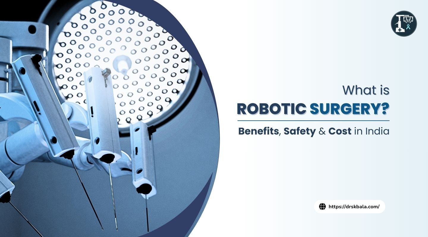 Modern robotic surgery system in an advanced operating room in India with surgeon at console