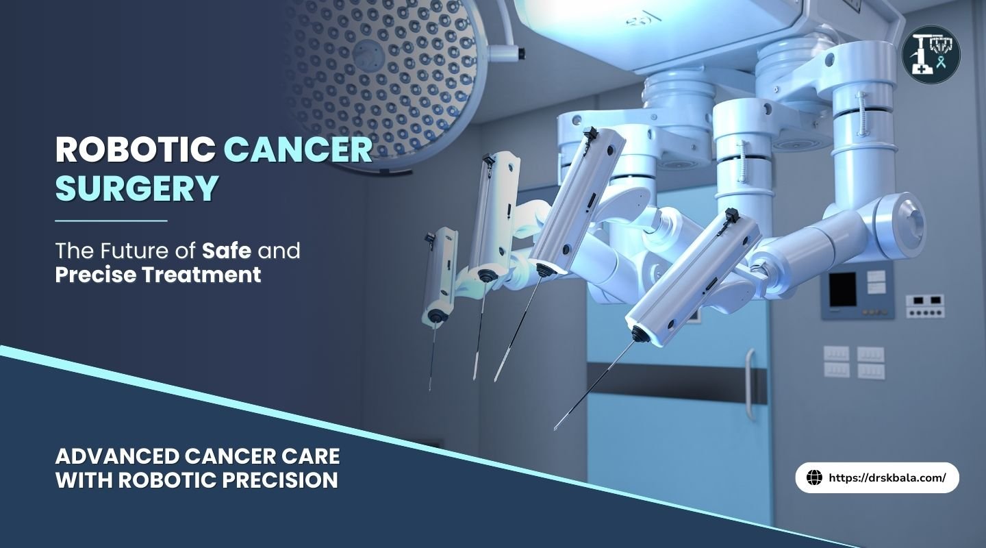 Robotic surgical system used for cancer treatment, illustrating minimally invasive procedures performed under medical supervision in a sterile operating room.