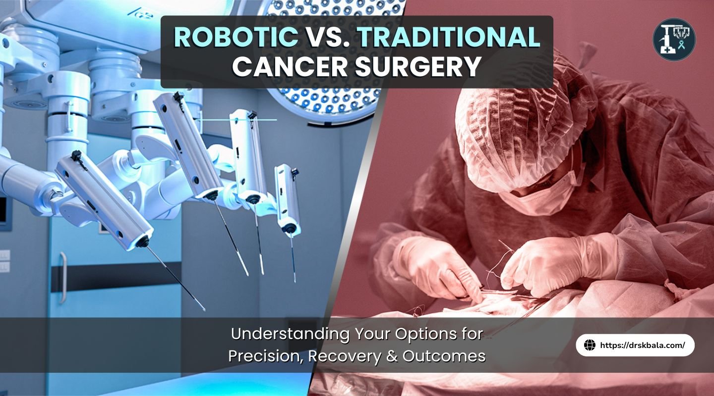 Banner image comparing traditional cancer surgery with robotic-assisted surgery showing surgical tools and robotic arms in contrasting styles